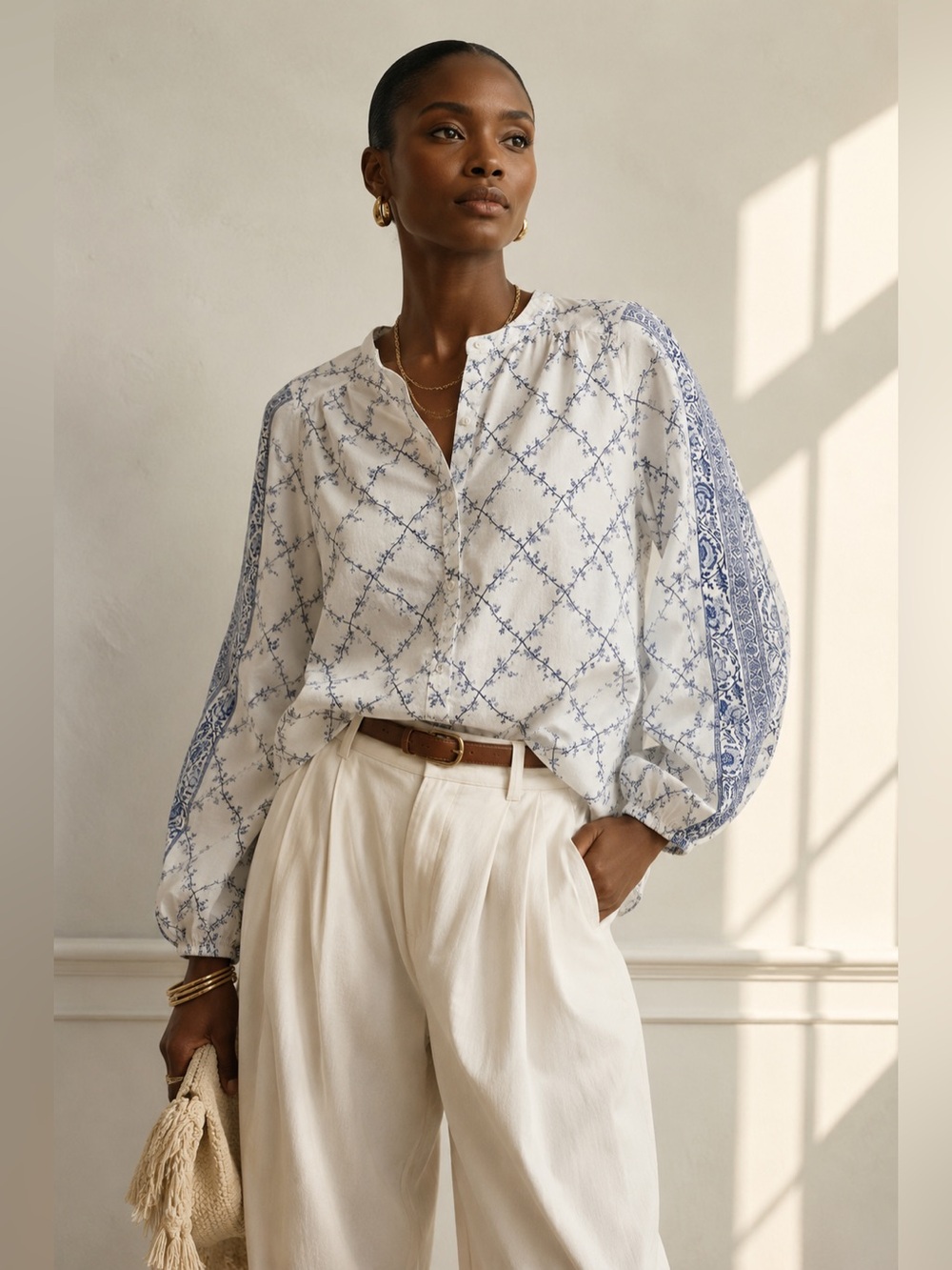 Lucky Brand White Blue Floral Toile Print Button Front Blouse Boho Cottagecore M